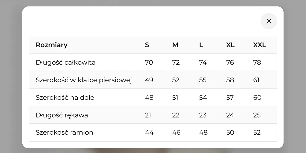 tabela rozmiarów shoper